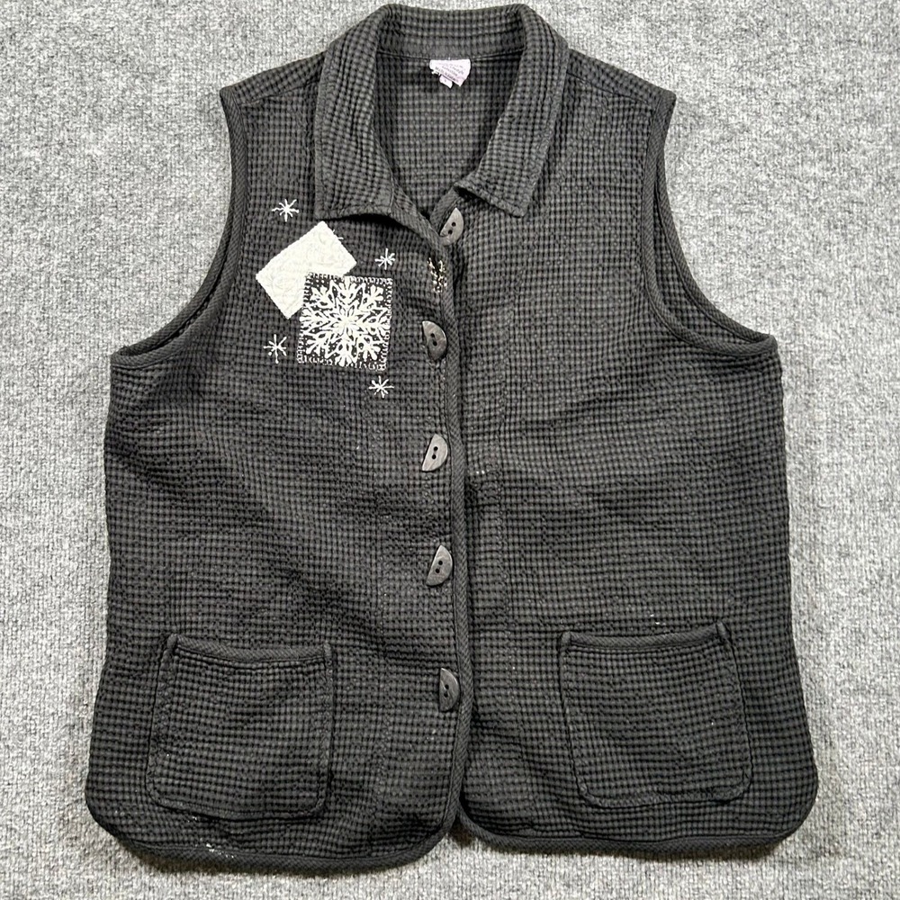 Focus Vest Womens Size L Grey Waffle Knit Cotton Snowflake Patchwork Button Up